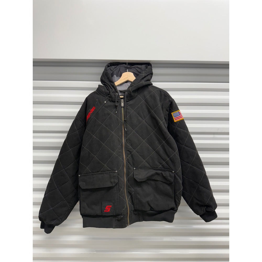 Snap-on Tools Mens XL Quilted Hooded Work Jacket Black Canvas Bomber USA Patch‎